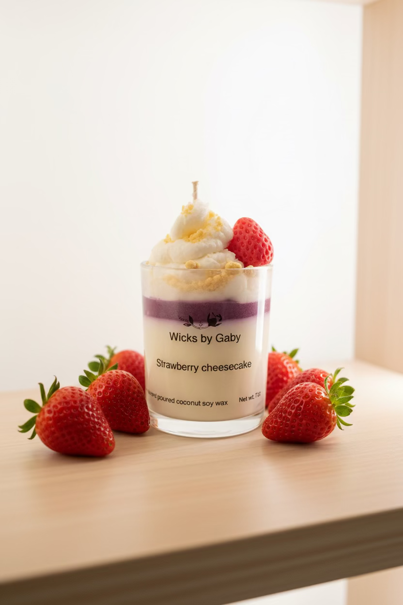 Strawberry cheesecake candle with whipped cream and a strawberry on top, branded 'Wicks by Gaby'.

